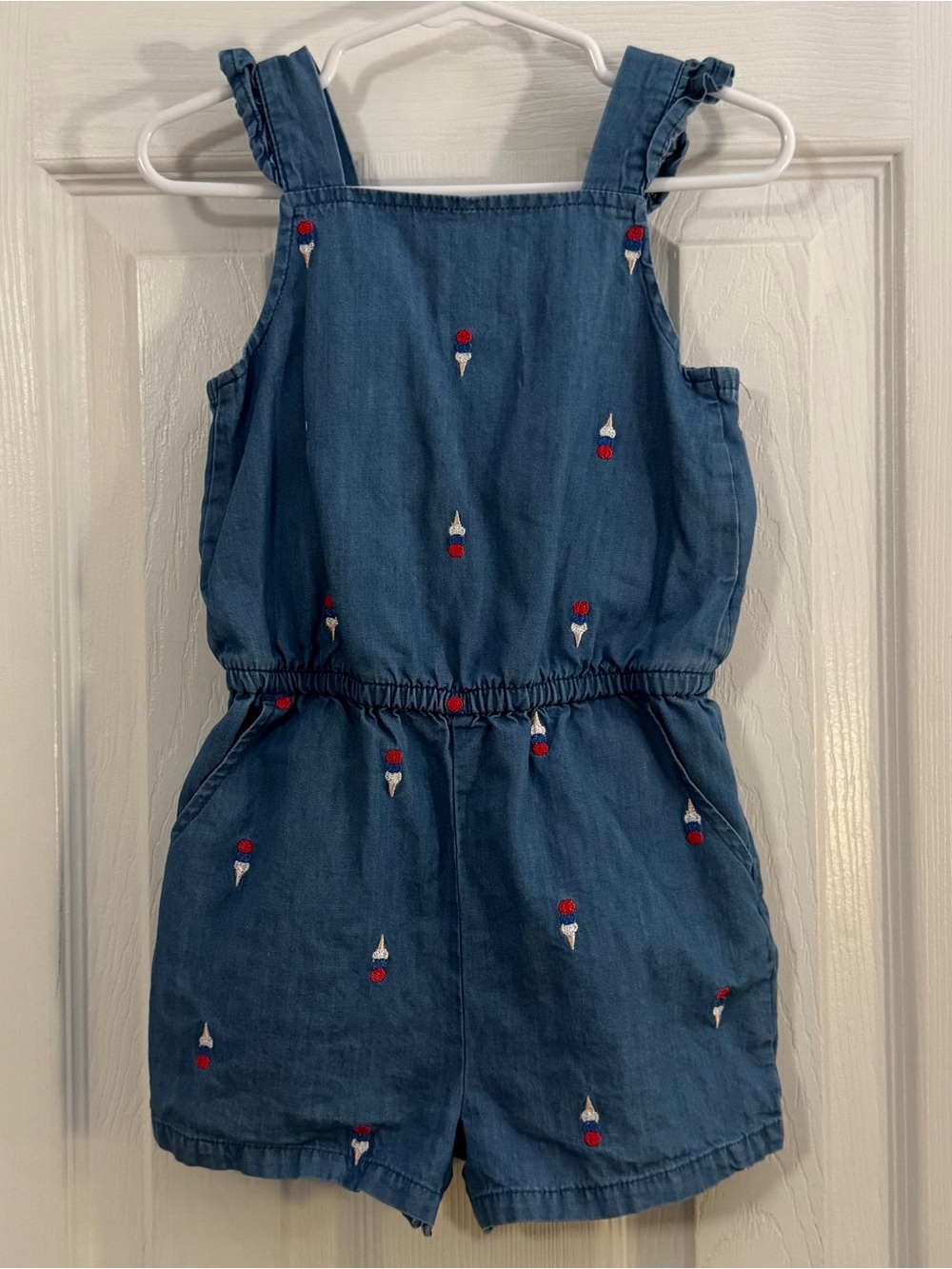 Cat & Jack Baby Girl Blue Denim Ice Cream Embroidered Romper with Ruffles